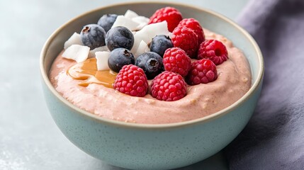 Vibrant Healthy Porridge Bowl Topped with Acai and Fresh Berries for a Nutritious Breakfast Choice