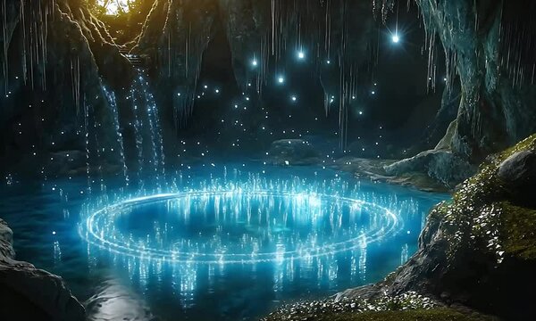 Enchanting cave pool with magical light.