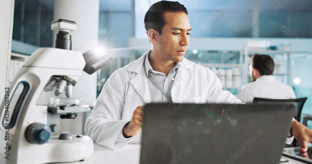 Poster microscope, science and laptop with man in laboratory for dna sample, forensics investigation and he