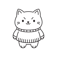 Cute Kitten Little Cat Pet Animal Cartoon Character Wearing Sweater in Line Art Style