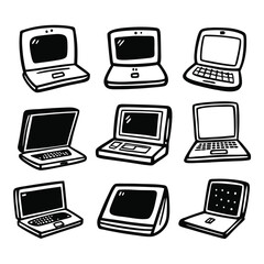 Hand-Drawn Laptop Doodle Bundle – 6 Black and White Miscellaneous Illustrations Set