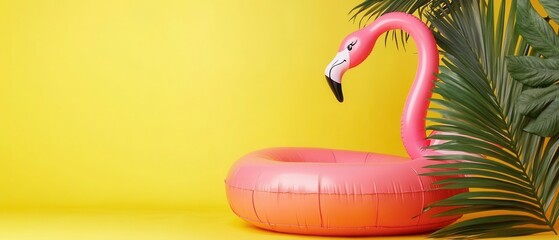 Vibrant Pink Inflatable Flamingo Pool Float with Tropical Palm Leaves on Bright Yellow Background.