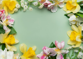 Daffodils and apple blossoms creating a floral frame on green background