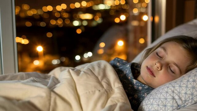 Peaceful child sleeping in bed beside window with soft city lights in background at night, 4k video