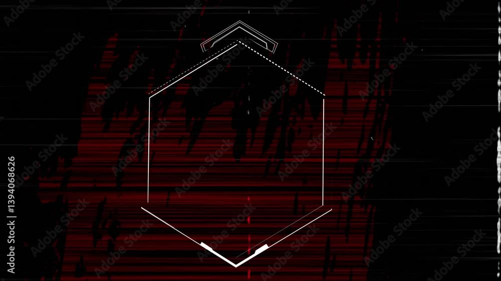 Poster arrow on hexagonal shape over animation with red and black glitchy background