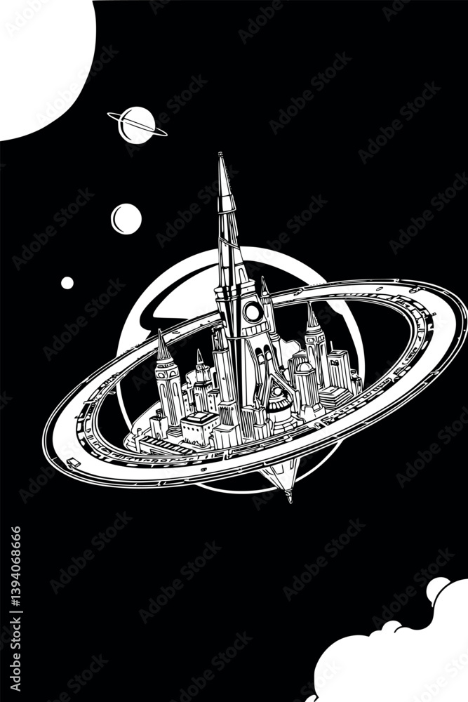 Poster outline futuristic space station. vector cosmic architecture in minimalist line art style.