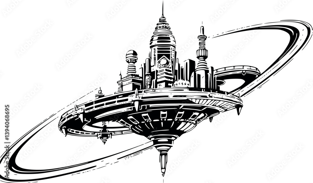 Poster outline futuristic space station. vector cosmic architecture in minimalist line art style.