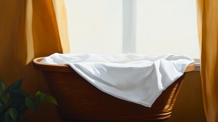 Serene Scene of a Baby Sleeping Peacefully in a Cradle by a Sunlit Window with Soft Fabrics