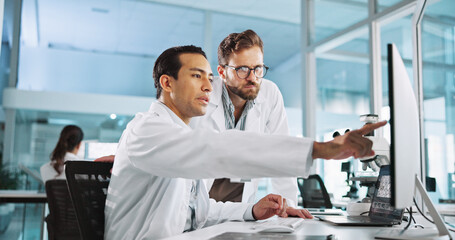 Fototapeta premium Teamwork, talking or scientists on computer for medical breakthrough, clinical trial or DNA discovery. People, biology test or science research in lab with results notes, bacteria or medicine cure