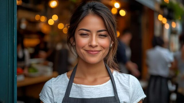 Acercamiento a mujer con delantal, sonriendo sutilmente frente a una cafeter&iacute;a, gente al fondo fuera de foco.