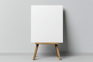 A blank canvas on a small wooden easel awaits its masterpiece, promising untold stories and creative potential against a subtly textured wall.