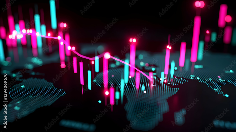 Aufkleber global financial data visualization with candlestick chart and world map