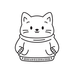 Happy Cute Kitten Little Cat Pet Animal Cartoon Character Wearing Sweater in Line Art Style