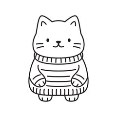 Happy Cute Kitten Little Cat Pet Animal Cartoon Character Wearing Sweater in Line Art Style