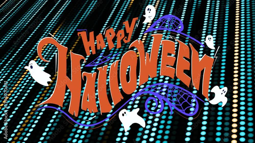 Poster halloween animation with ghosts and spiderweb overlaying digital light pattern