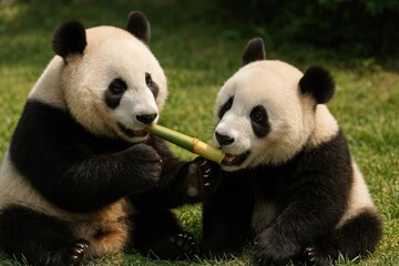 Obraz premium Pandas sharing bamboo joyfully.