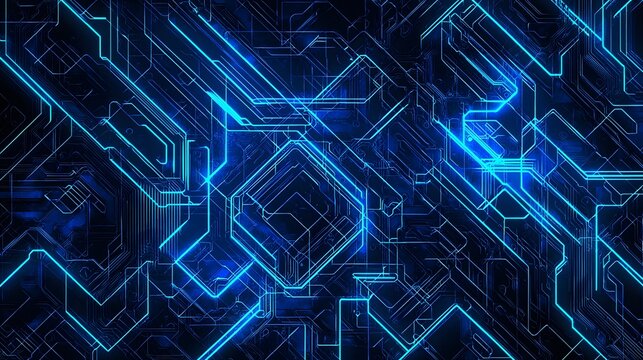 Illuminated circuit board displays intricate lines and geometric shapes seamlessly