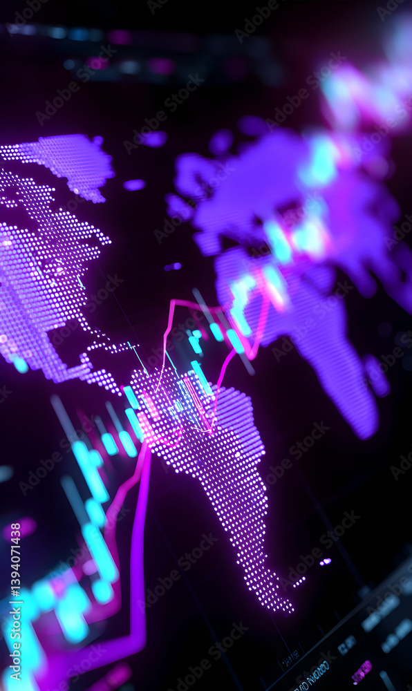 Poster global financial data visualization with digital world map and glowing graphs