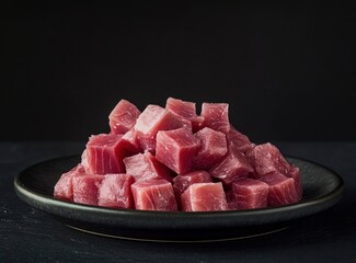 Pile of Fresh Raw Tuna Cubes on Black Plate Ready to Eat