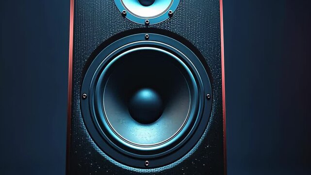 High fidelity audio speaker with dual drivers in a modern acoustic design emitting rich sound in a dark room setting, 4k video