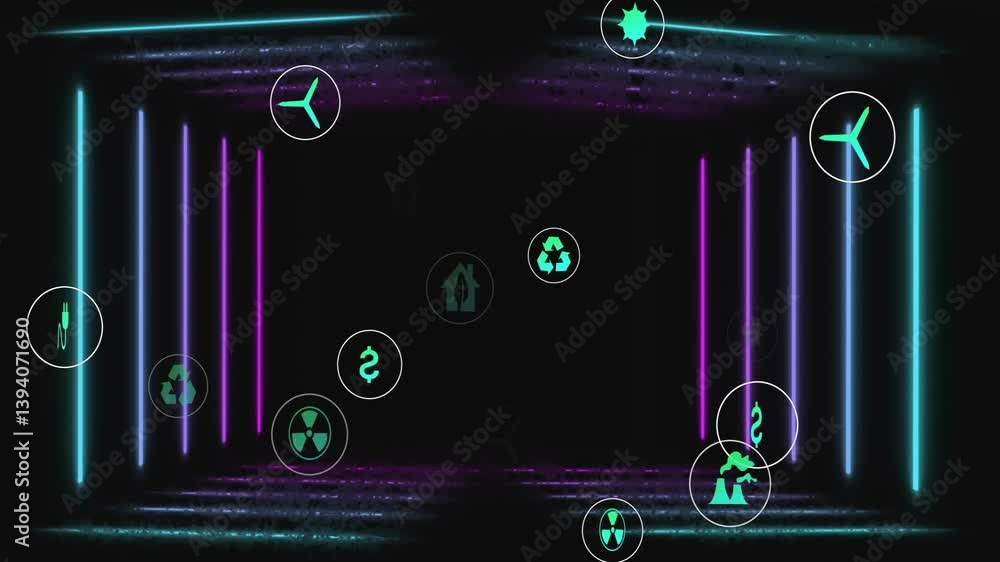 Poster animation of neon symbols and icons floating over dark background with glowing lines