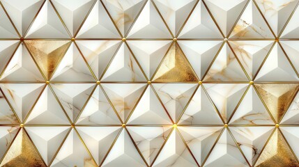A geometric pattern featuring pyramidal shapes in white and gold tones with a marble background.