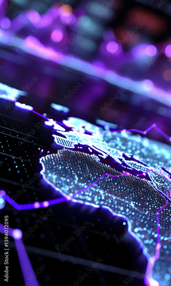 Poster global connectivity abstraction with glowing network lines and world map