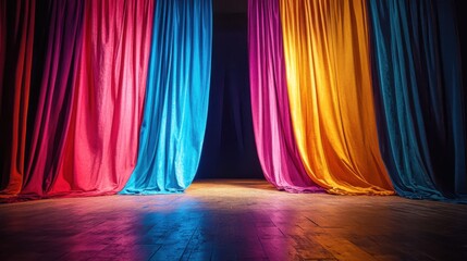 Brightly colored theatre curtains, opening wide to reveal a mysterious stage behind