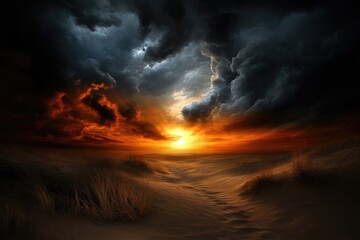 Dramatic sunset over sand dunes