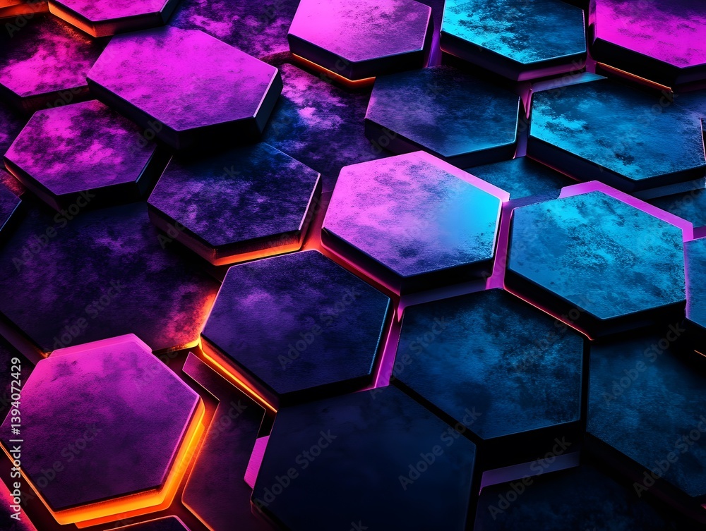 Poster close up of textured hexagonal tiles with vibrant color gradients