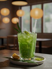 A specialty drink flavored with Thai perfume on wooden table by the window of modern cafe decorated with paper lanterns