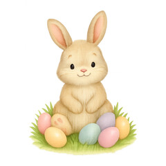 Adorable Easter Bunny Sitting on Grass Surrounded by Pastel Eggs