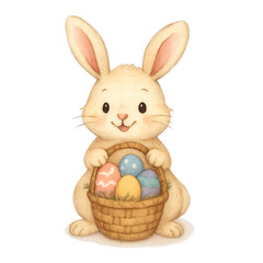 Cute Fluffy Easter Bunny Holding Colorful Basket of Eggs
