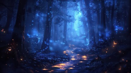 Obraz premium A mystical forest illuminated by glowing lights and a serene pathway through the trees.