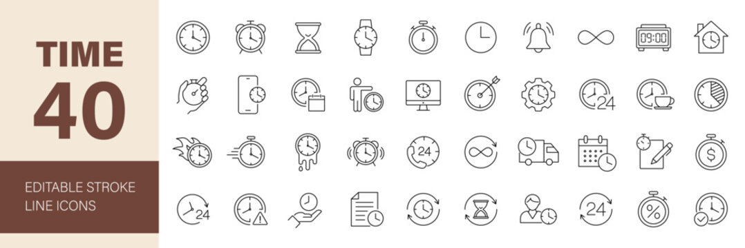 Time icon set. Containing timer, alarm, clock, schedule, hourglass, wristwatch, stopwatch, date, calendar, time management and more. Editable line icons. Vector illustration.