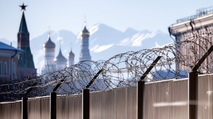 Russian Gulag. A barbed wire fence in front of the Moscow Kremlin. Security. Red star as symbol of Soviet heritage, spires of St. Basil's Cathedral