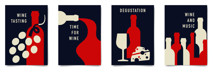 Set of minimalist wine tasting poster design. Flat vector illustration. Bottles of wine, glasses, grapes and cheese.