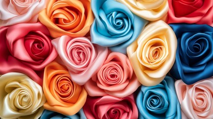 Assorted Colorful Silk Roses Background Texture Featuring Vibrant Decorative Flowers and Elegant Romantic Arrangement for Floral Design