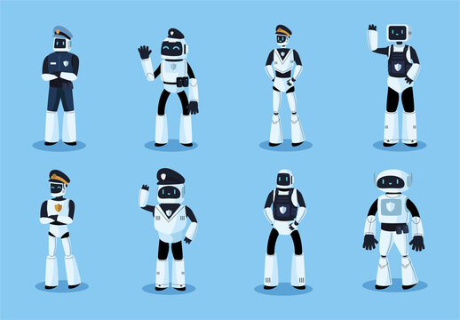 Blue And White Robotic Security Guard Characters Set
