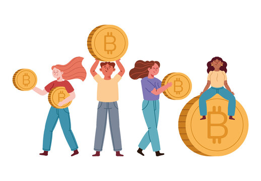 Yellow And Red Cartoon People Holding Bitcoin Illustration Set