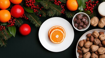 Festive Table Set with Oranges, Nuts, and Treats for a Cheerful Celebration