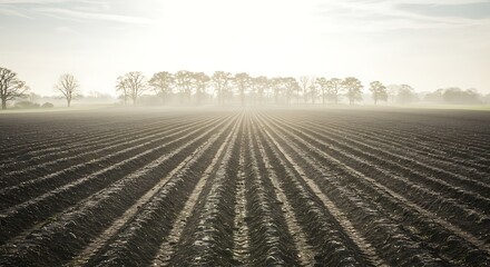 Obraz premium Plowed Field at Sunrise with Trees and Fog, Nature Landscape Scene