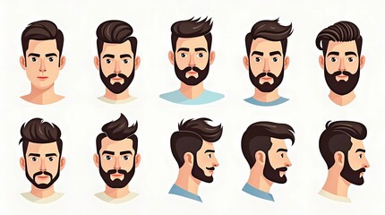 A set of various men's hairstyles and beard styles, presented as cartoon-like illustrations.