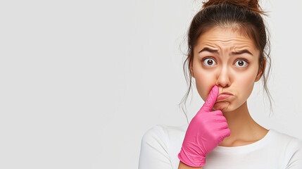 ピンクの手袋が語る不快感：若い女性の表情