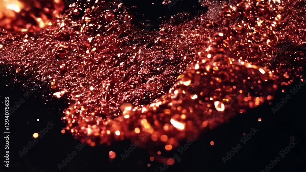 Poster Dynamic drops of red glitter in black oil or ink diffusing through liquid, creating an abstract aquatic swirls