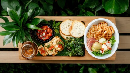 Cozy Urban Rooftop Picnic Setup with a Variety of Fresh Foods and Drinks Surrounded by Lush Greenery