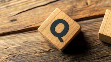 Close-Up View of Scrabble Tile Featuring Letter Q on Wooden Surface with Rustic Texture and Detail