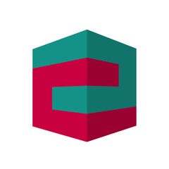 modern 3d cube logo in red and green with interlocking shapes, symbolizing innovation and digital architecture on a white background