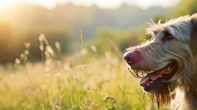 Serene irish wolfhound in sunlit meadow captivating in the golden hour glow, 4k video