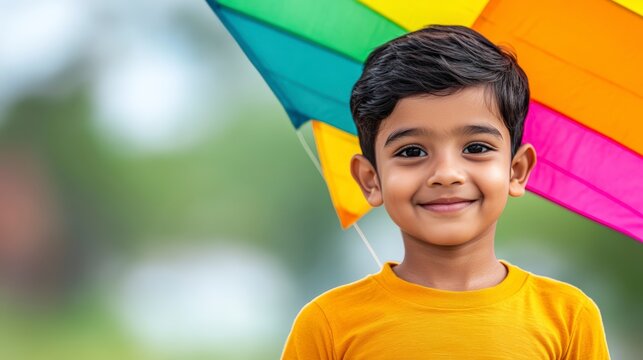 Cheerful Child Smiling and Holding a Colorful Kite Under a Bright Umbrella in a Green Outdoor Setting